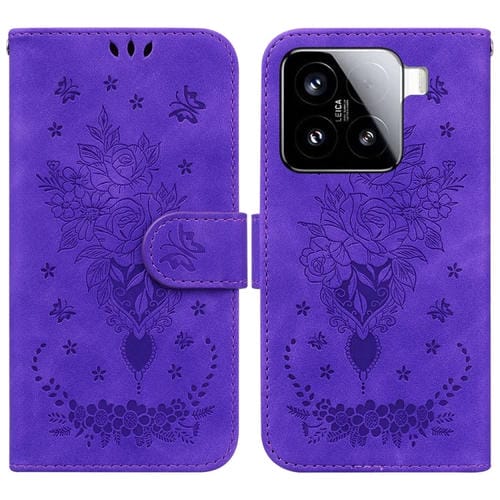 Funda De Cuero Con Relieve De Mariposa Y Rosa Para Xiaomi 15 (Morada)