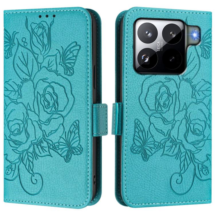 Funda de cuero antirrobo RFID con relieve rosa para Xiaomi 15S Pro 5G (azul claro)