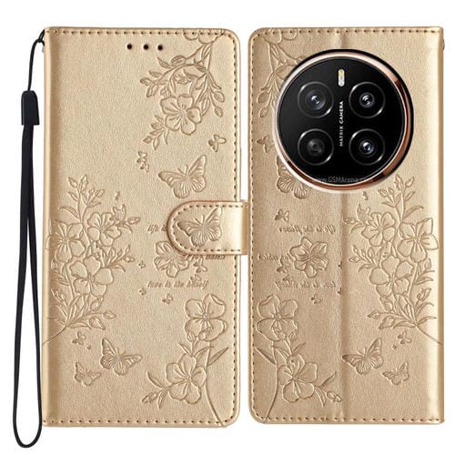 Funda de Cuero para Honor Magic7 con Mariposas y Flores (Dorada)