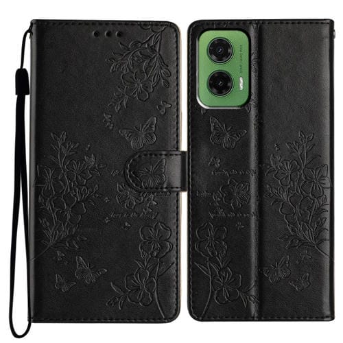 Funda de Cuero para Motorola Moto G35 con Diseño de Mariposas y Flores (Negra)
