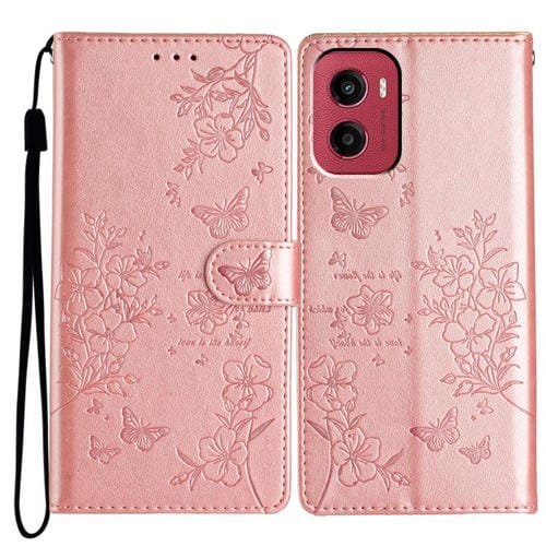 Funda de Cuero Motorola Moto G05 con Diseño de Mariposas y Flores (Oro Rosa)