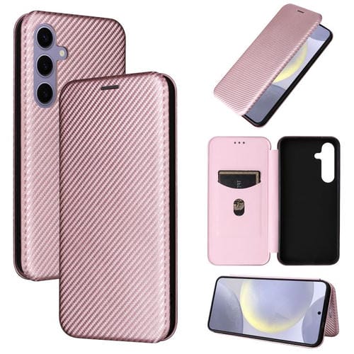 Funda de cuero con tapa y textura de fibra de carbono para Samsung Galaxy S25 FE 5G (rosa)