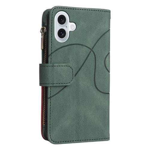 Funda de cuero con cremallera para iPhone 17, bicolor, con 9 ranuras para tarjetas (verde)