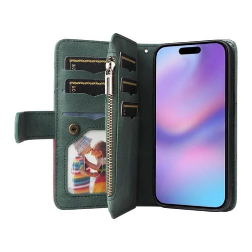 Funda de cuero con cremallera para iPhone 17, bicolor, con 9 ranuras para tarjetas (verde)