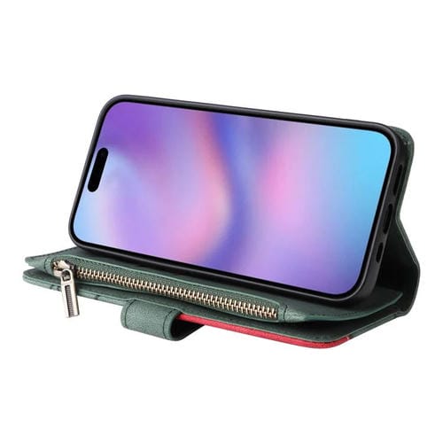 Funda de cuero con cremallera para iPhone 17, bicolor, con 9 ranuras para tarjetas (verde)
