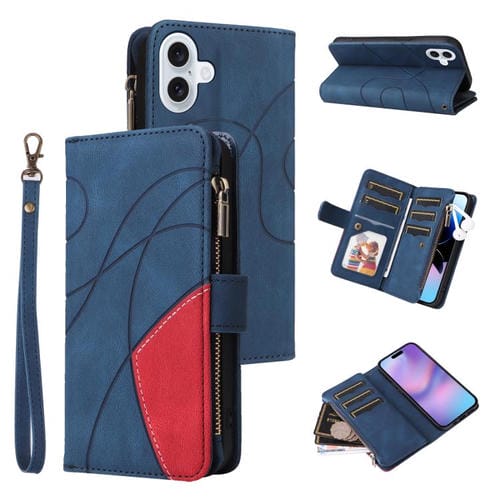 Funda de cuero con cremallera para iPhone 17, bicolor, con 9 ranuras para tarjetas (azul)