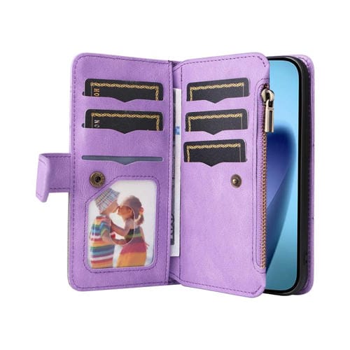 Funda de cuero con cremallera para iPhone 17 Air, bicolor, con 9 ranuras para tarjetas (morado)
