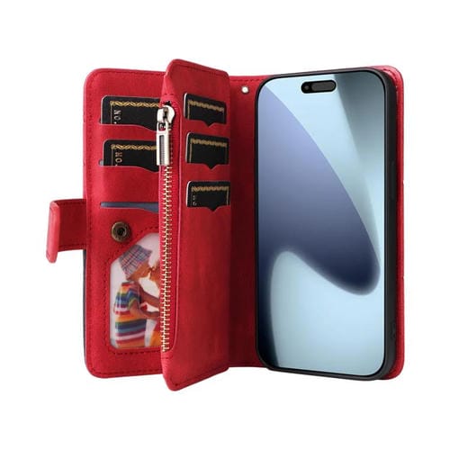 Funda de cuero con cremallera para iPhone 17 Pro, bicolor, con 9 ranuras para tarjetas (roja)