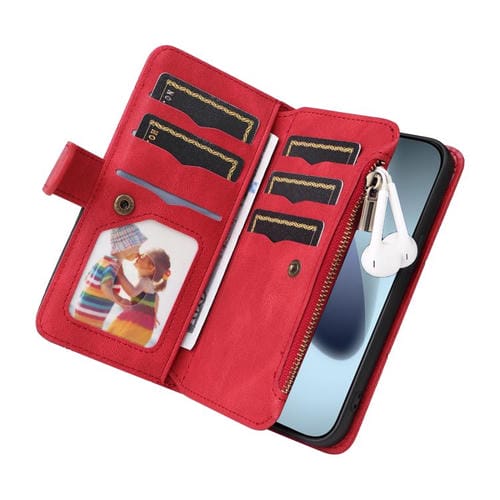 Funda de cuero con cremallera para iPhone 17 Pro, bicolor, con 9 ranuras para tarjetas (roja)