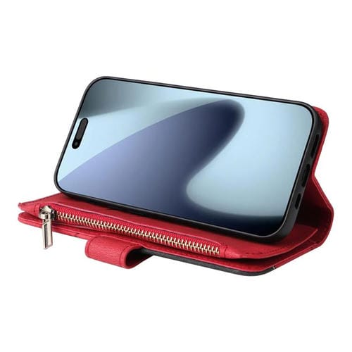 Funda de cuero con cremallera para iPhone 17 Pro, bicolor, con 9 ranuras para tarjetas (roja)
