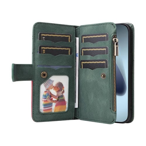 Funda de cuero con cremallera para iPhone 17 Pro, bicolor, con 9 ranuras para tarjetas (verde)