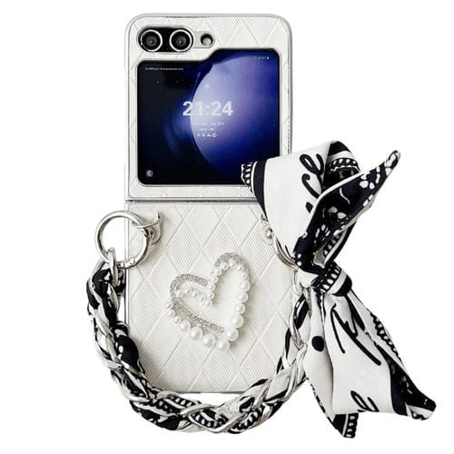 Estuche para Teléfono Samsung Galaxy Z Flip5 Diamond Square Cobertura Total con Bufanda Pulsera (Blanco)