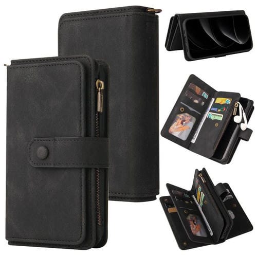 Funda de cuero tipo billetera con cremallera y ranuras para tarjetas para iPhone 17 Pro (negro)