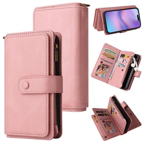 Funda de cuero con cremallera y ranuras para tarjetas para iPhone 17 (rosa)