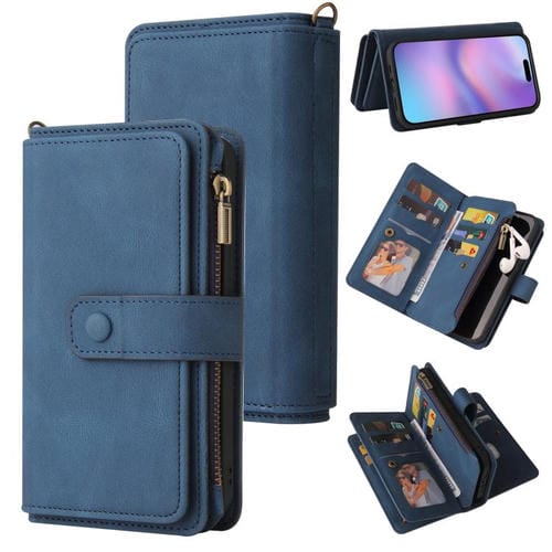 Funda de cuero con cremallera y ranuras para tarjetas para iPhone 17 (azul)