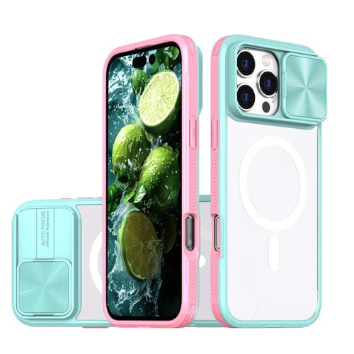 Funda para iPhone 16 Pro Max Cubierta Deslizante Acrílico Transparente PC TPU Lente Magsafe Cobertura Total (Azul y Rosa)