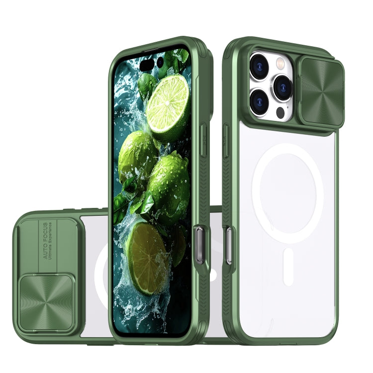 Funda para iPhone 16 Pro cubierta deslizante acrĂlico Transparente PC TPU Magsafe (Verde Oliva)