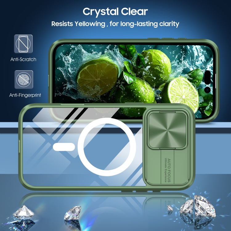 Funda para iPhone 16 Pro cubierta deslizante acrĂlico Transparente PC TPU Magsafe (Verde Oliva)