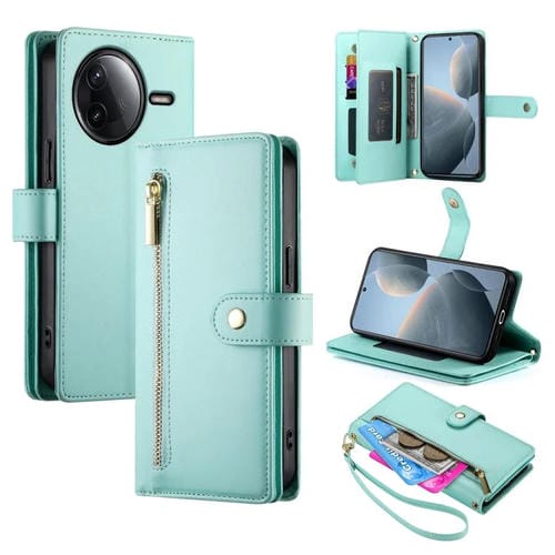 Funda de cuero con cremallera y ranura para tarjetas para Redmi K80/K80 Pro (verde menta)