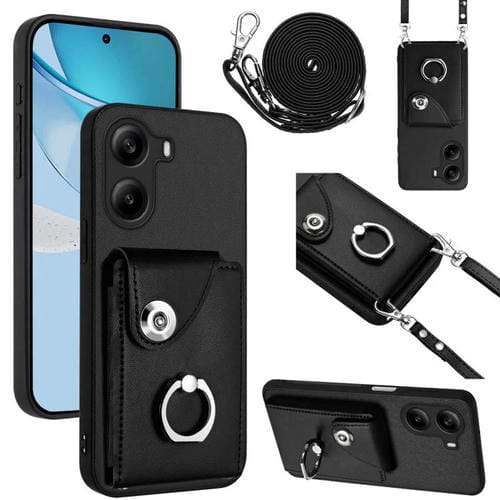 Funda para Xiaomi Poco X7 Pro con tarjetero y anillo para teléfono con cordón largo (negro)