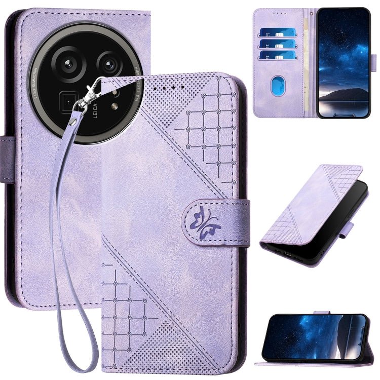 Funda de Cuero para Sharp Aquos R9 Pro con Diseño Mariposa en Relieve y Cordón (Morado Claro)