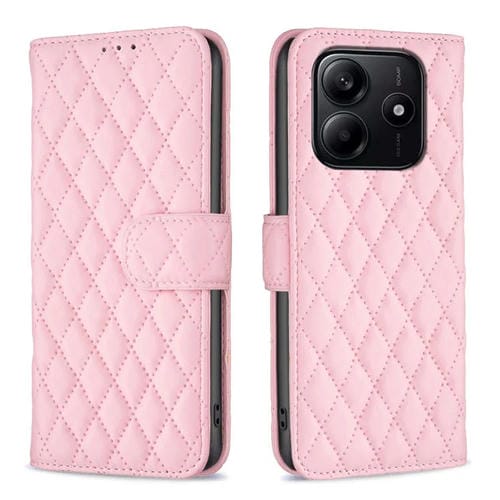 Funda de Cuero Tipo Billetera con Tapa y Diseño de Celosía de Diamantes para Redmi Note 14 4G (Rosa)