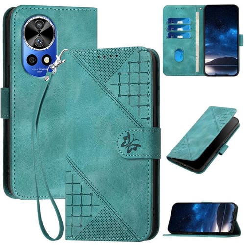 Funda de Cuero Huawei Nova 12 Pro/Nova 12 Ultra con Mariposa en Relieve y Cordón (Azul Claro)