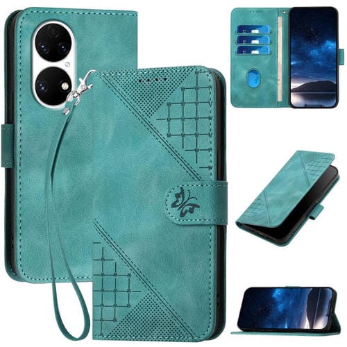 Funda de Cuero Huawei P50 con Diseño Mariposa En Relieve y Cordón (Azul Claro)