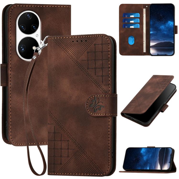 Funda de Cuero para Huawei P50 Pro con Diseño de Mariposa en Relieve y Cordón (Café)