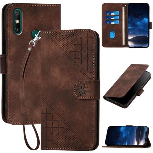 Funda de Cuero Huawei Enjoy 20E con Mariposas en Relieve y Cordón (Café)