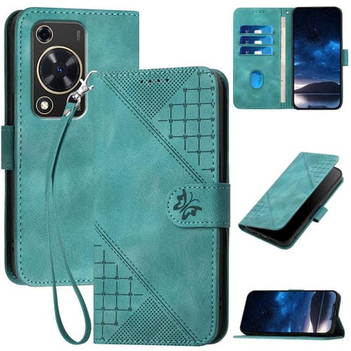 Funda de Cuero Huawei Enjoy 70 Nova Y72 con Diseño Mariposa en Relieve y Cordón (Azul Claro)