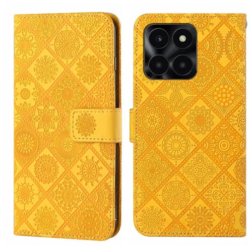 Funda de Cuero con PatrĂłn en Relieve Estilo Ătnico para Honor X6A/X6B (Amarillo)