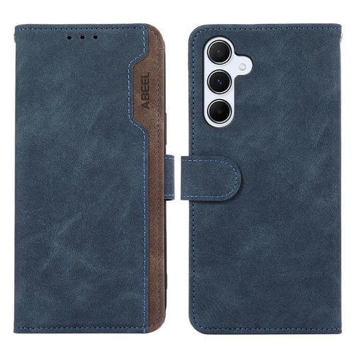 Funda de cuero magnética RFID ABEEL con diseño de bloques de color para Samsung Galaxy A17 5G (azul-marrón)