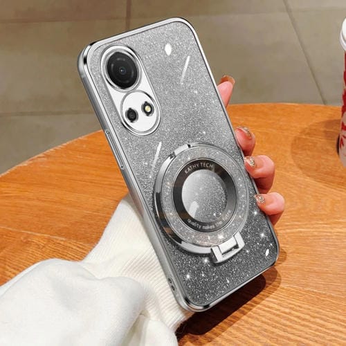 Funda para Teléfono Honor Play 30 Plus TPU con Soporte Redondo y Purpurina Degradada (Plateada)