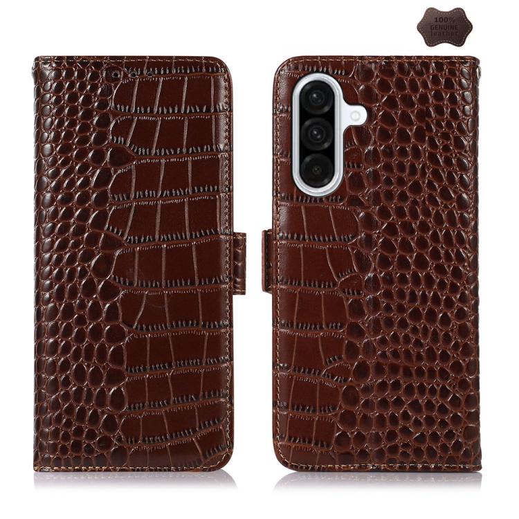 Funda de piel de vacuno con capa superior de cocodrilo para Samsung Galaxy A17 5G (marrón)