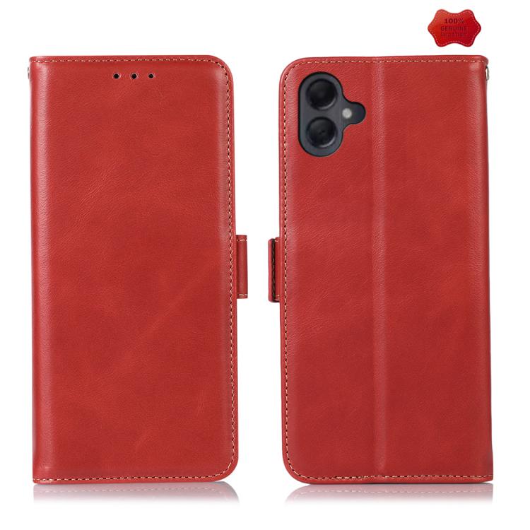 Funda magnética de cuero genuino con textura Crazy Horse RFID para Samsung Galaxy A07 5G (roja)