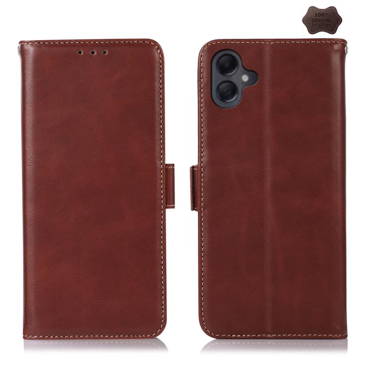 Funda magnética de cuero genuino con textura Crazy Horse y RFID para Samsung Galaxy A07 5G (marrón)