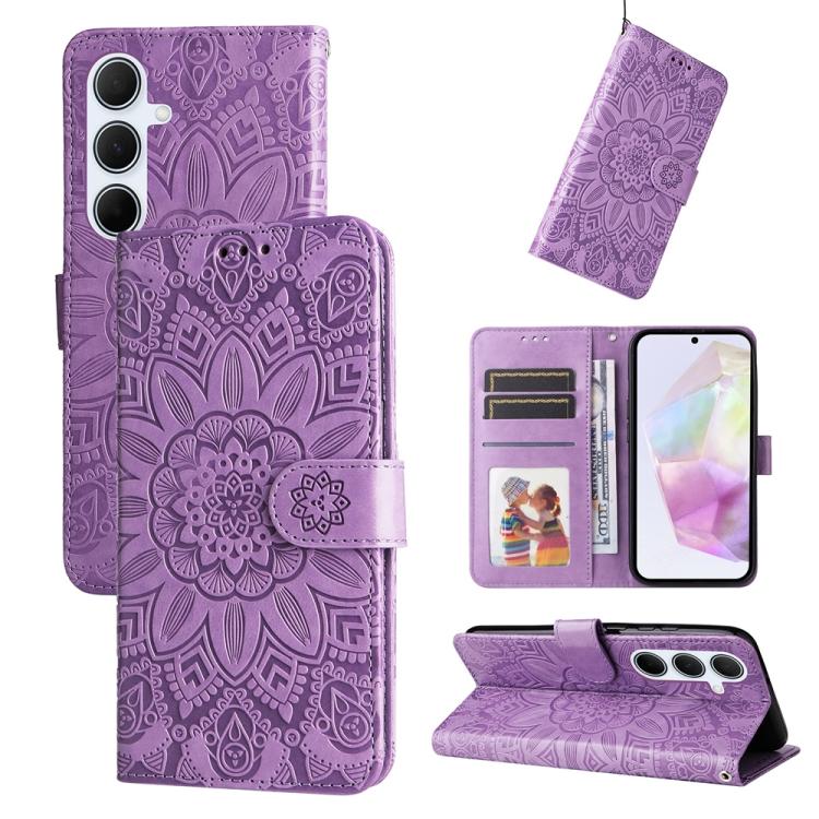 Funda de piel con estampado de girasoles para Samsung Galaxy A56 5G (morada)