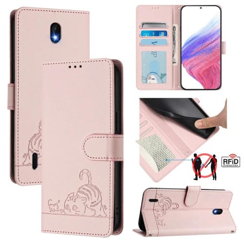 Funda de Cuero Rfid con Relieve de Rata y Gato para Nokia C01 Plus/C1 2.ª Edición con Cordón (Rosa)
