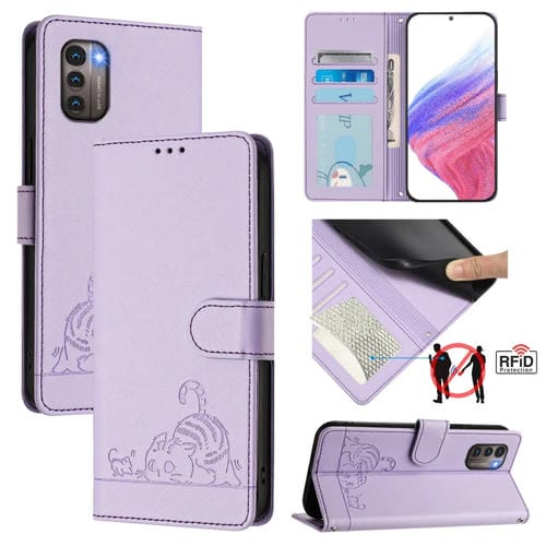 Funda de Cuero Rfid con Relieve de Rata y Gato para Nokia G21/G11 con Cordón (Morado)