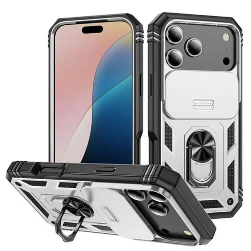 Funda deslizante de TPU + PC con soporte para iPhone 17 Pro (blanco y negro)