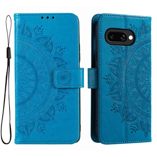 Funda de Cuero con Estampado de Flor Tótem y Cordón para Google Pixel 9A (Azul)