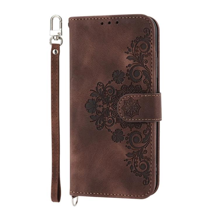 Funda de cuero con relieve de flores para Redmi Turbo 4 Pro / Xiaomi Poco F7 (marrón)