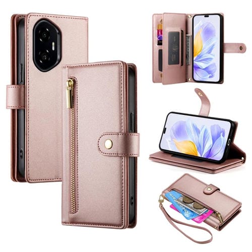 Funda de Cuero para Teléfono Honor 300 Pro/300 Ultra con 9 Ranuras para Tarjetas y Cremallera (Rosa)