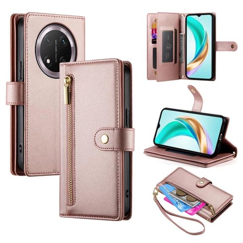 Funda de Cuero para Teléfono Honor X9C Global y Magic7 Lite con Ranura para Tarjeta y Cremallera (Rosa)
