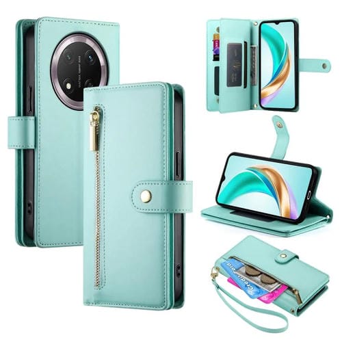 Funda de Cuero para Honor X9C Global y Magic7 Lite con 9 Ranuras y Cremallera (Verde Menta)