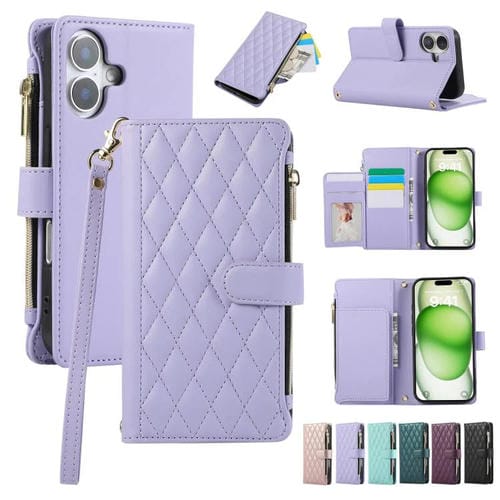 Funda Tipo Billetera Cuero con Cremallera y Diseño Rombal para iPhone 16 (Morado)