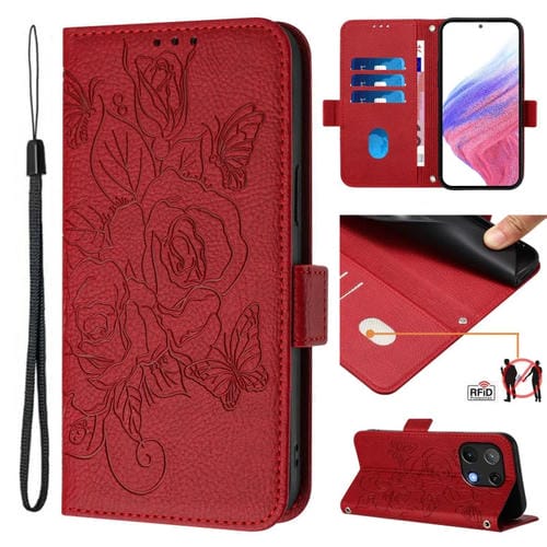 Funda de Cuero Antirrobo RFID con Relieve para Umidigi Note 90 (Rojo)