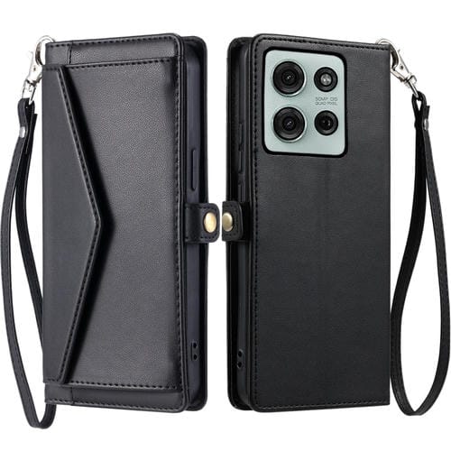 Funda de Cuero para Motorola Moto G75 5G con Ranura para Tarjetas y CordĂłn (Negro)