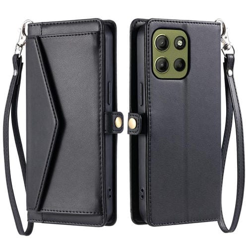 Funda de Cuero para Motorola Moto G15 con Ranura para Tarjetas y Cordón (Negro)